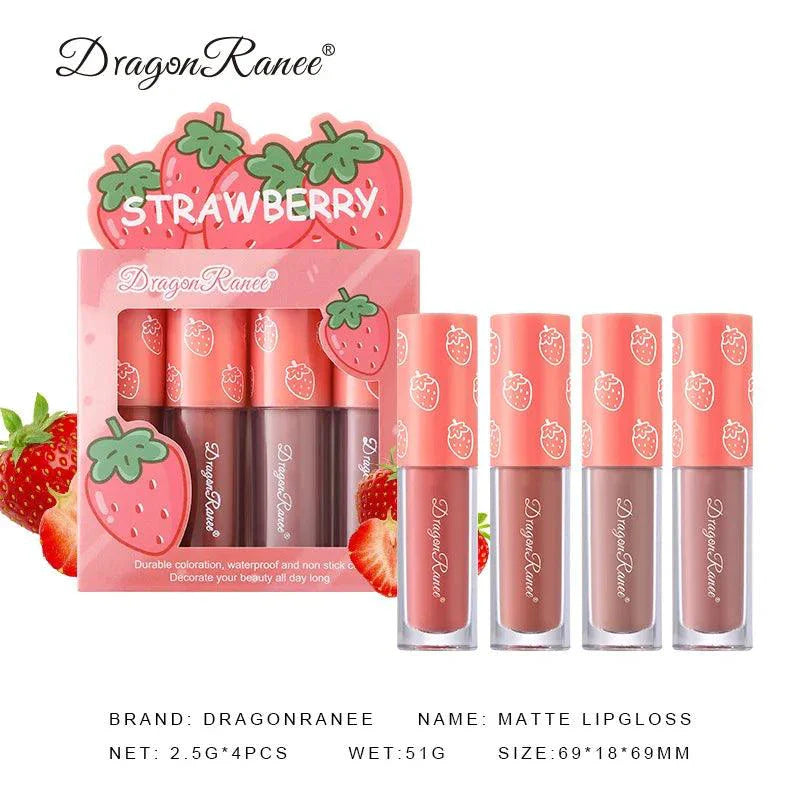 Mini Velvet Matte Lip Gloss Set 4 Piece Long Lasting Non Fading Non Stick Cup Fruit Scented Lip Tint Smooth Lightweight