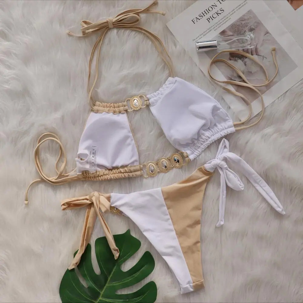 Rhinestones Splicing Bikini
