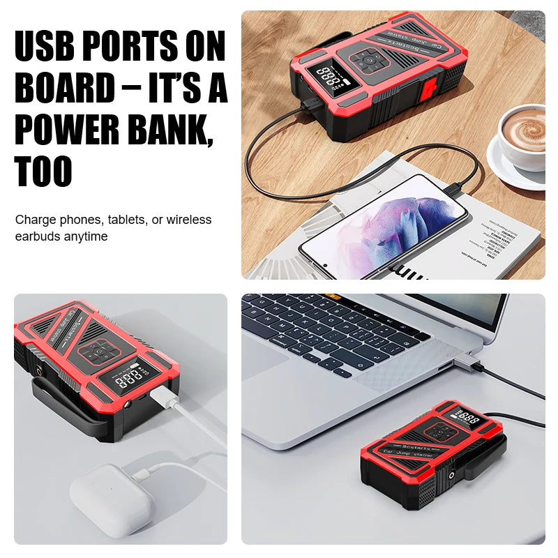 Portable 150PSI air pump, emergency car jump starter, power bank, LED lighting, air compressor,car starter suitable for all cars