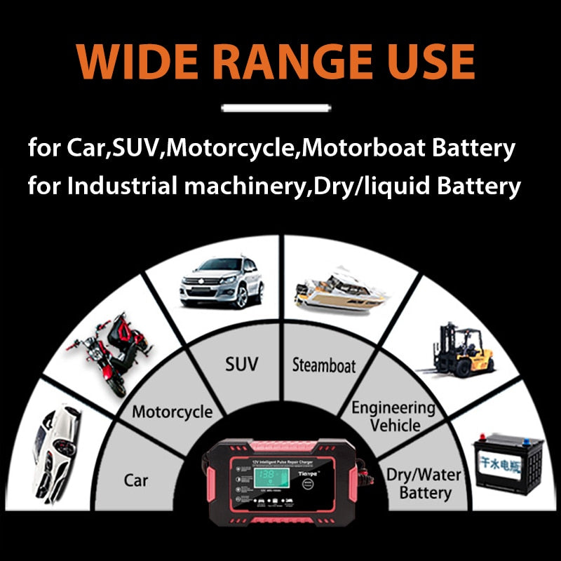 Smart 12V Battery Charger: Full Automatic Digital Display, Power Pulse Repair, Wet/Dry Lead Acid