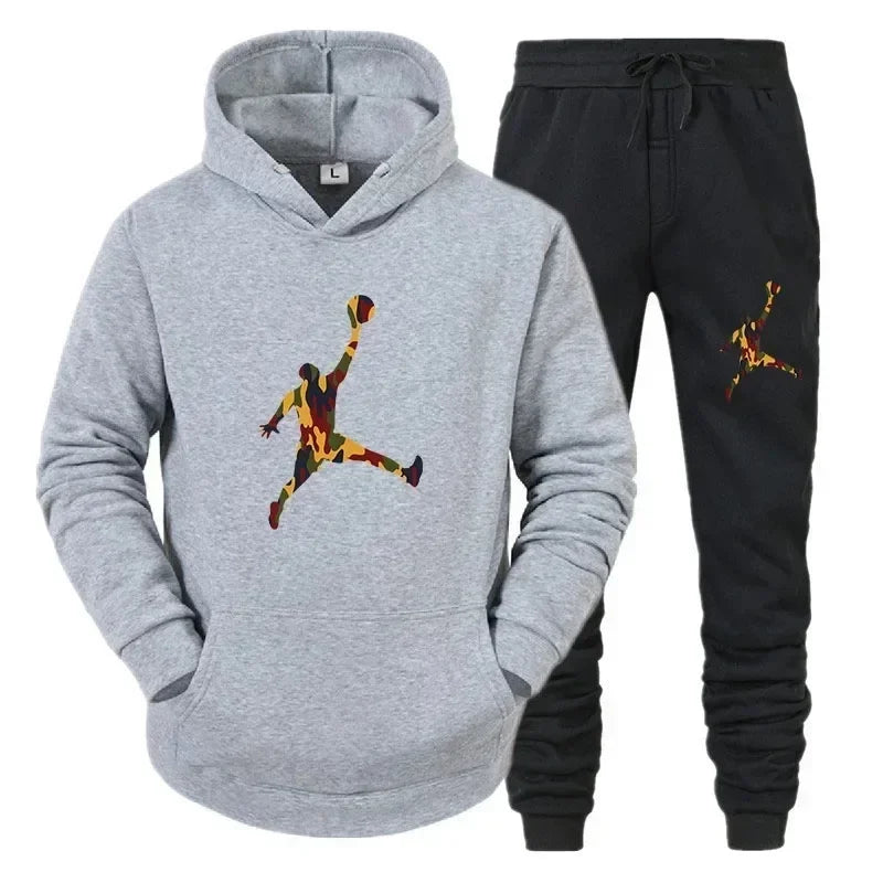 2025 New men's fashion casual sportswear, outdoor fitness jogging set, autumn and winter pullover hoodie + warm pants two-piece