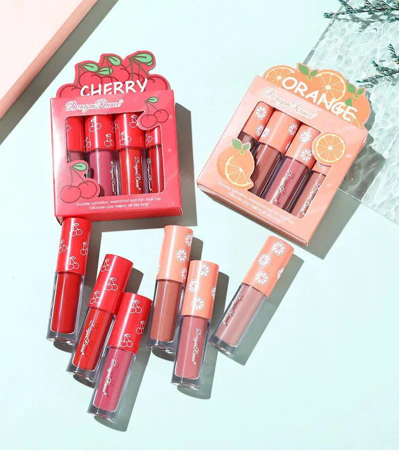 Mini Velvet Matte Lip Gloss Set 4 Piece Long Lasting Non Fading Non Stick Cup Fruit Scented Lip Tint Smooth Lightweight