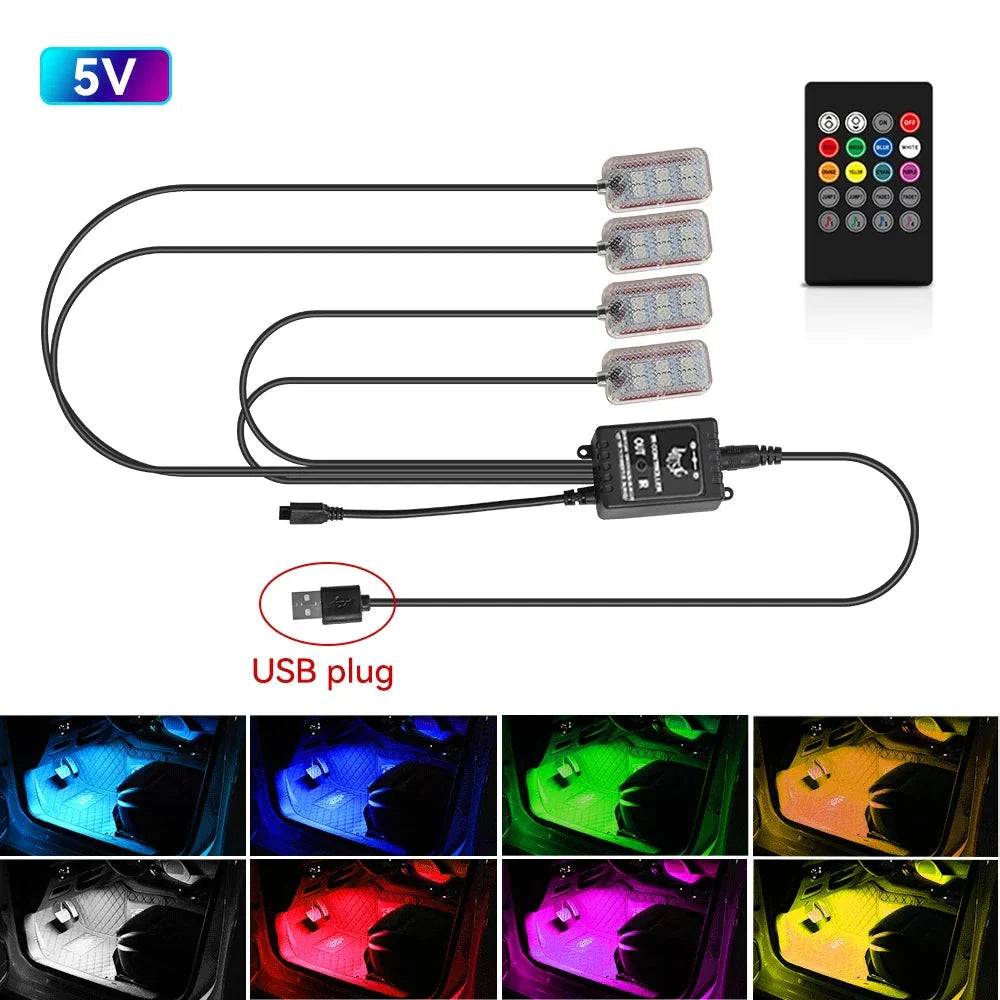 LED Car Interior Ambient Lights Kit – RGB Footwell Strip Lighting with Remote & App Music Control