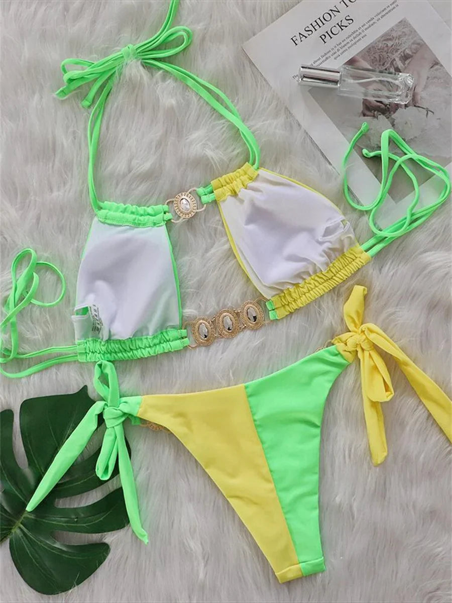 Rhinestones Splicing Bikini