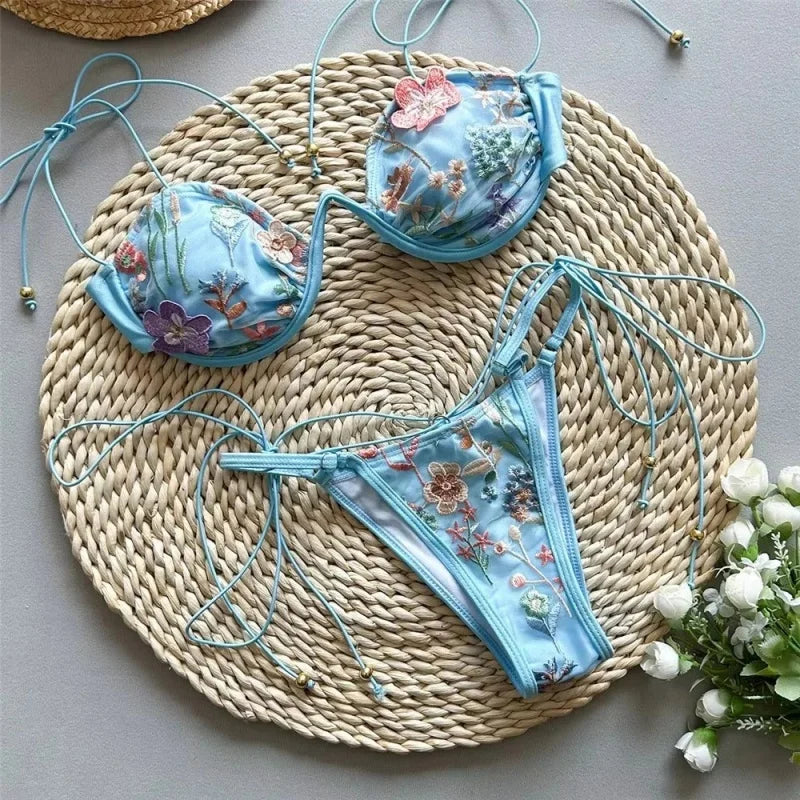 Floral Embroidery Micro Bikini