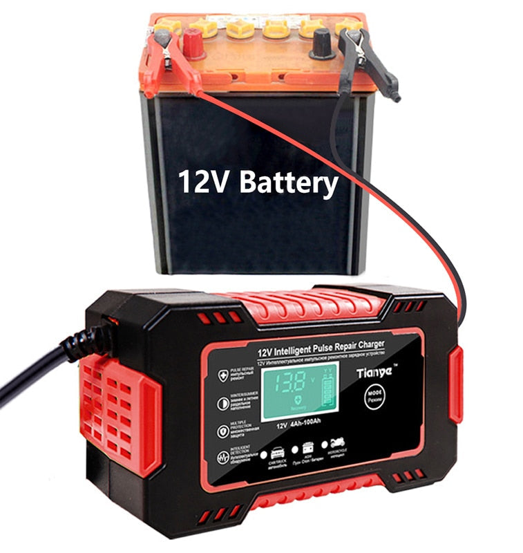 Smart 12V Battery Charger: Full Automatic Digital Display, Power Pulse Repair, Wet/Dry Lead Acid