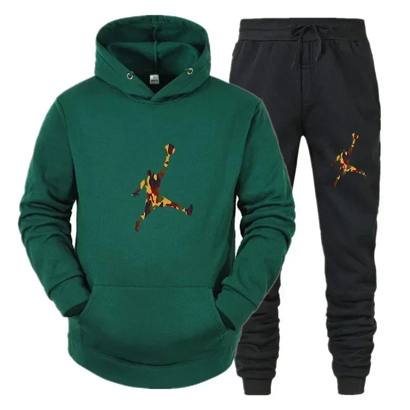 2025 New men's fashion casual sportswear, outdoor fitness jogging set, autumn and winter pullover hoodie + warm pants two-piece