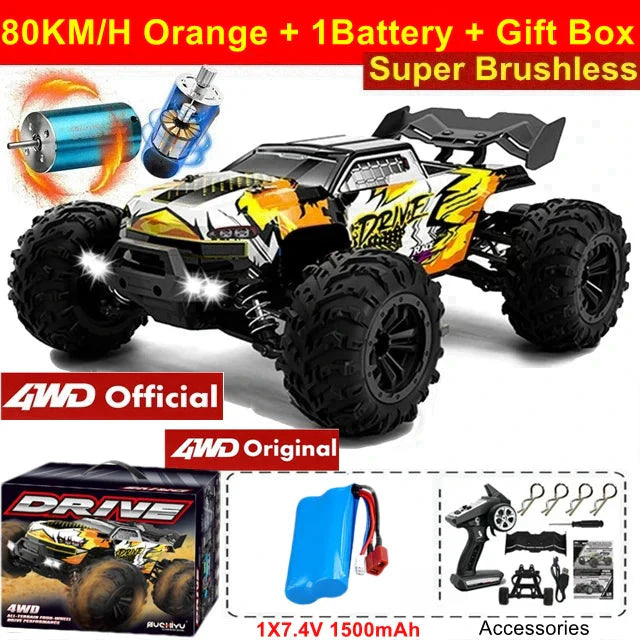 4WD RC Off-Road Car - 1:16 High-Speed Brushless Truck, 50-80KM/H, 4x4 Drift Racing Toy for Kids & Adults