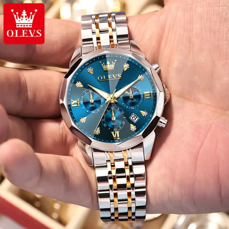 6OLEVS 370 Men's Watches Fashion Waterproof Calendar Luminous Moon Phase Quartz Watch Man Chronograph Clock