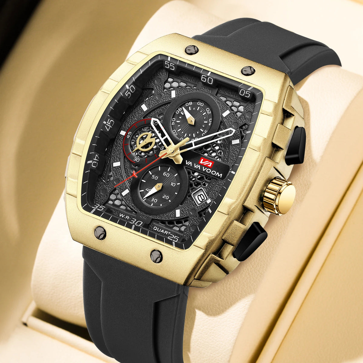 2025 New Men's Watch Multi functional Quartz Movement Rectangular Blue Dial Sports Clock Casual Fashion Silicone Strap Men Watch