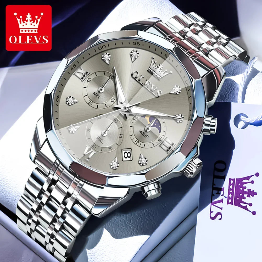 6OLEVS 370 Men's Watches Fashion Waterproof Calendar Luminous Moon Phase Quartz Watch Man Chronograph Clock