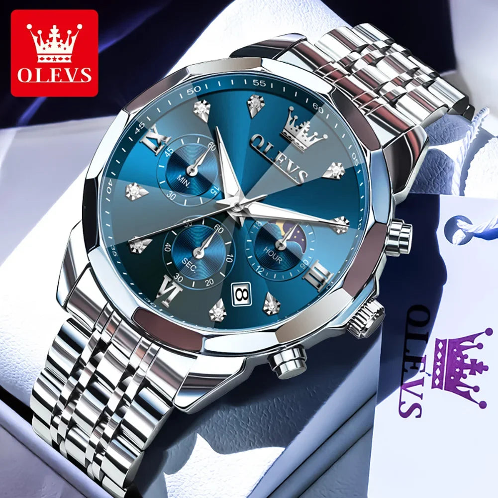 6OLEVS 370 Men's Watches Fashion Waterproof Calendar Luminous Moon Phase Quartz Watch Man Chronograph Clock