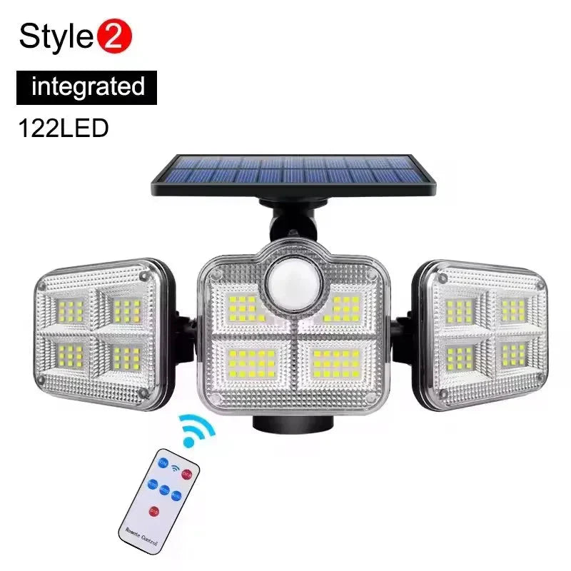 4-Head Outdoor Solar Motion Sensor Light – 122 LED Floodlight, 3000 Lumens, 270° Wide-Angle IP65 Waterproof Security Lamp