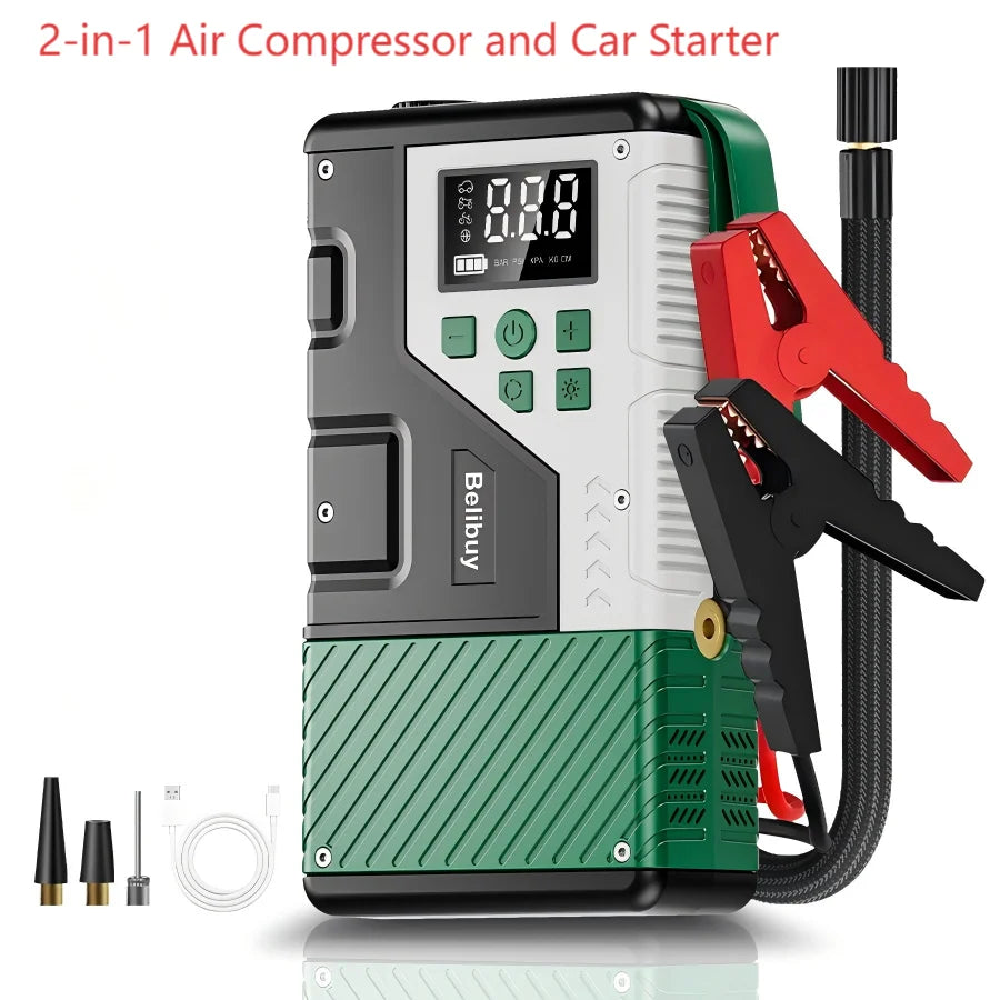 Portable 150PSI air pump, emergency car jump starter, power bank, LED lighting, air compressor,car starter suitable for all cars