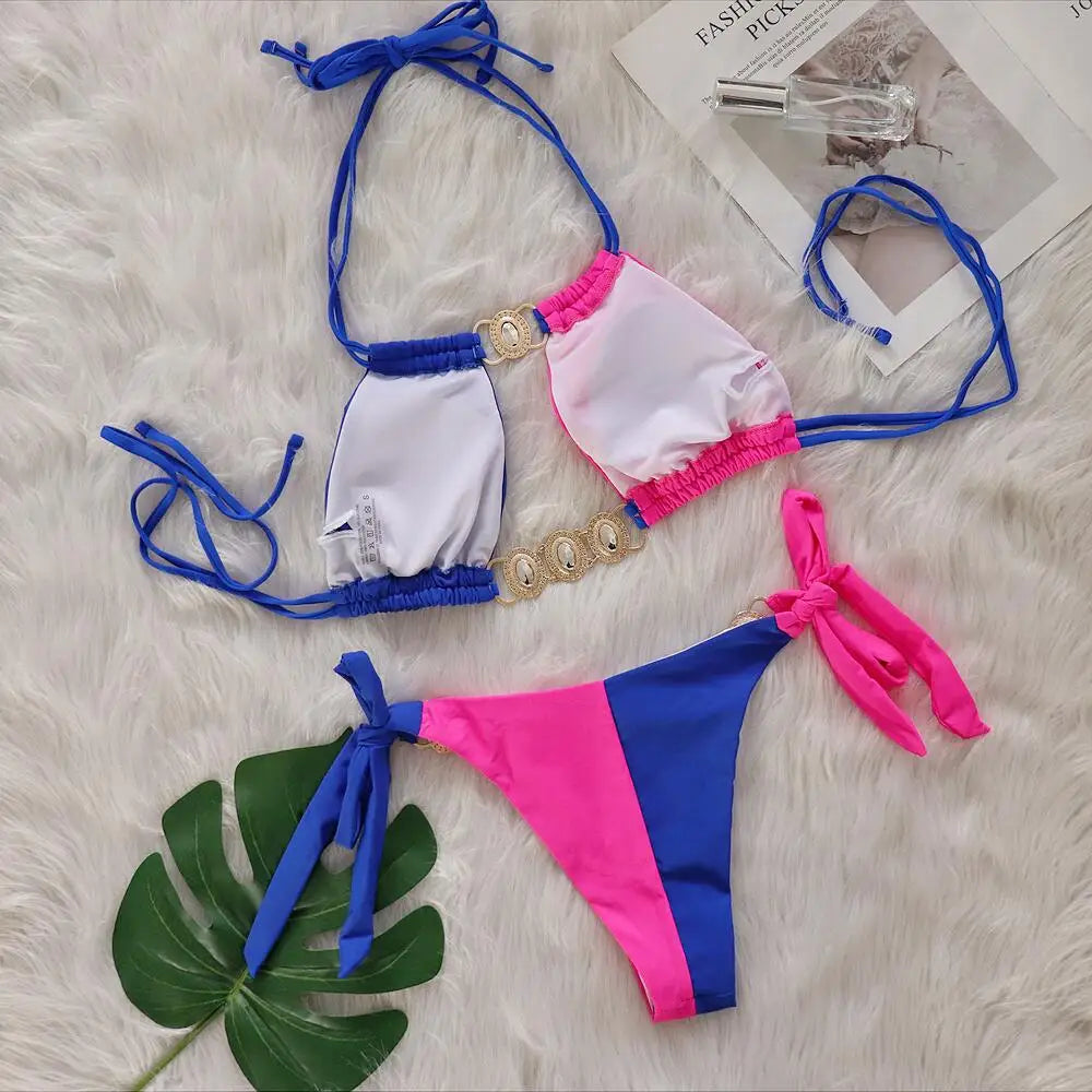 Rhinestones Splicing Bikini