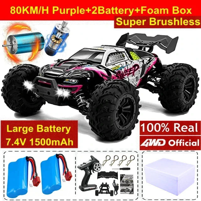 4WD RC Off-Road Car - 1:16 High-Speed Brushless Truck, 50-80KM/H, 4x4 Drift Racing Toy for Kids & Adults