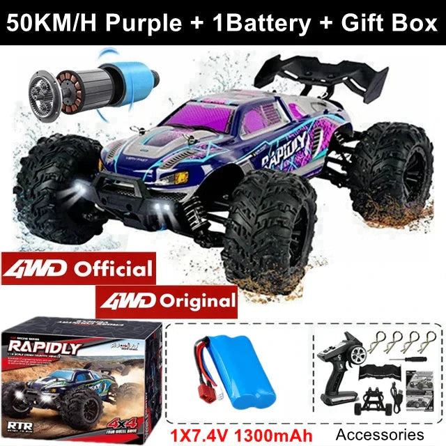 4WD RC Off-Road Car - 1:16 High-Speed Brushless Truck, 50-80KM/H, 4x4 Drift Racing Toy for Kids & Adults