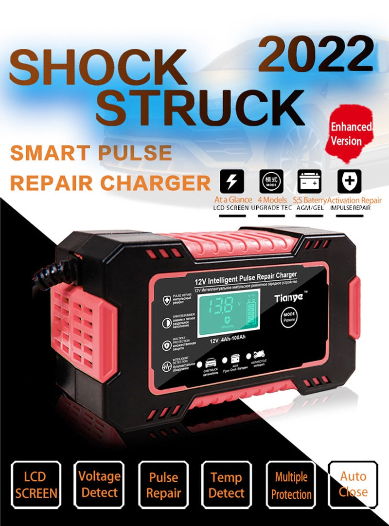 Smart 12V Battery Charger: Full Automatic Digital Display, Power Pulse Repair, Wet/Dry Lead Acid