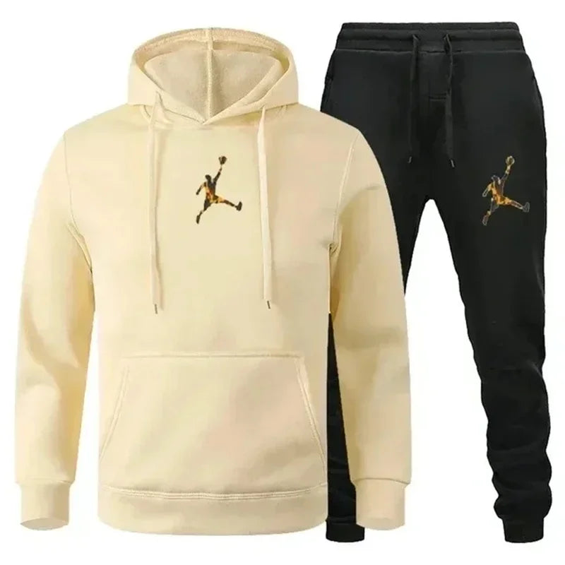 2025 New men's fashion casual sportswear, outdoor fitness jogging set, autumn and winter pullover hoodie + warm pants two-piece