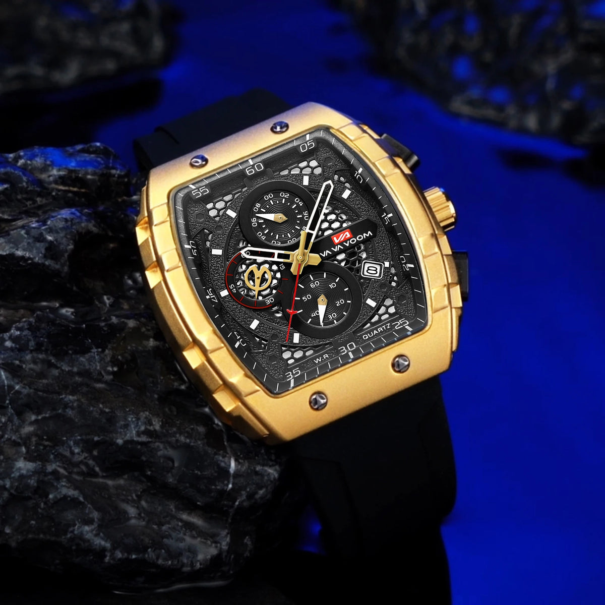 2025 New Men's Watch Multi functional Quartz Movement Rectangular Blue Dial Sports Clock Casual Fashion Silicone Strap Men Watch