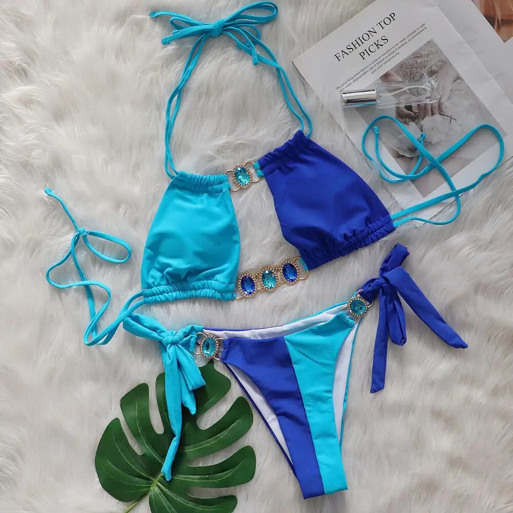 Rhinestones Splicing Bikini