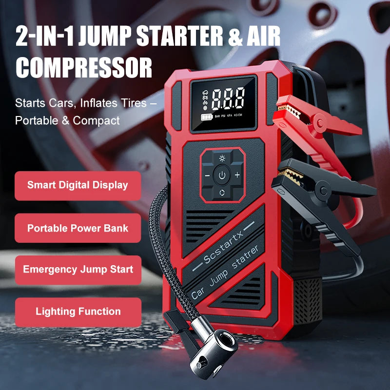 Portable 150PSI air pump, emergency car jump starter, power bank, LED lighting, air compressor,car starter suitable for all cars