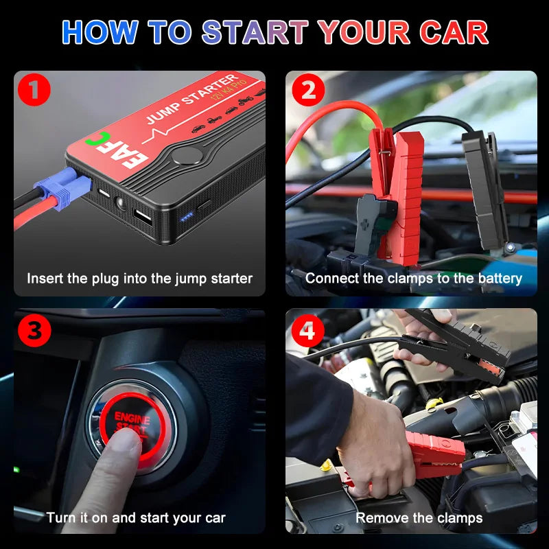 EAFC Smart Car Jump Starter 12V Portable Battery Booster 600A/2000A Power Bank LED Light Auto Battery Charger Dual USB Ports