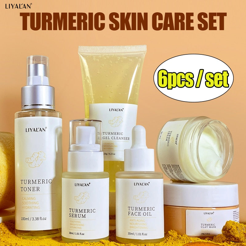 Turmeric Face Skin Care Set Lighten Dark Spots Brightening Anti Acne Aging Serum Oil Whitening Moisturizing Cream Skincare Clean