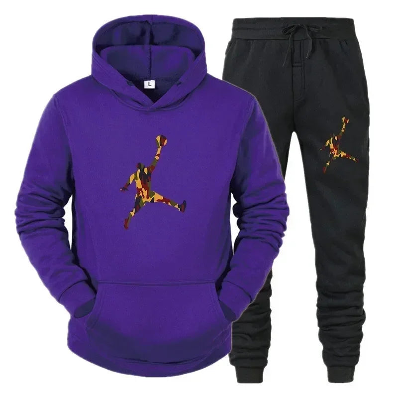 2025 New men's fashion casual sportswear, outdoor fitness jogging set, autumn and winter pullover hoodie + warm pants two-piece