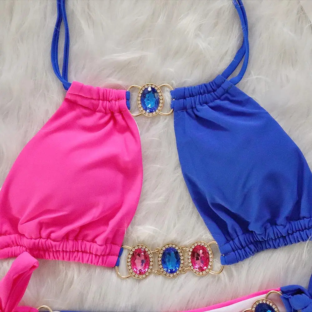 Rhinestones Splicing Bikini