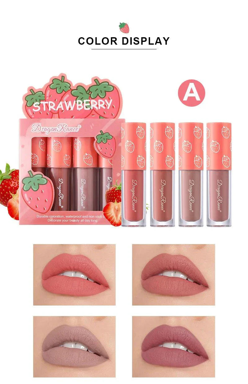 Mini Velvet Matte Lip Gloss Set 4 Piece Long Lasting Non Fading Non Stick Cup Fruit Scented Lip Tint Smooth Lightweight