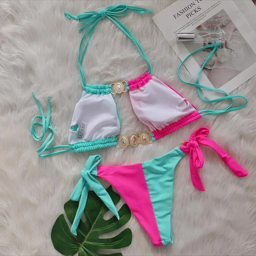 Rhinestones Splicing Bikini