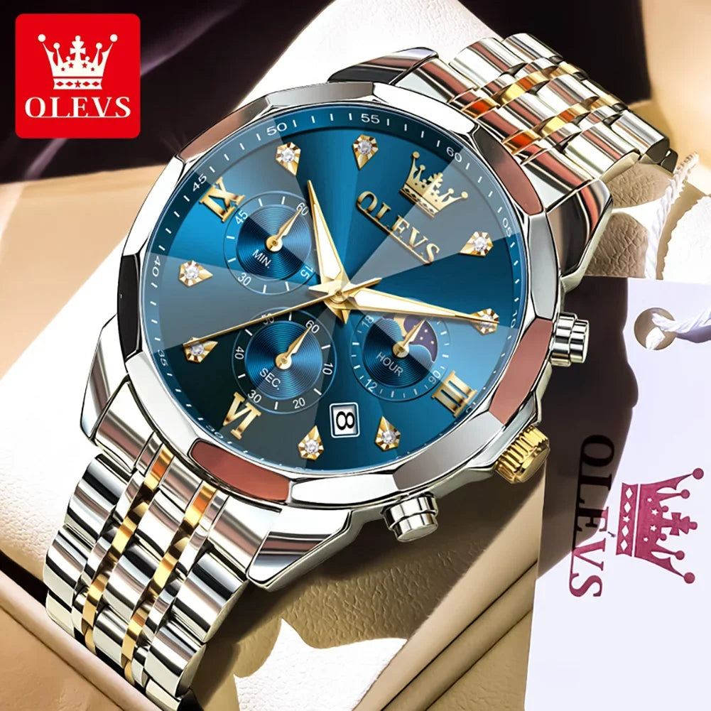 6OLEVS 370 Men's Watches Fashion Waterproof Calendar Luminous Moon Phase Quartz Watch Man Chronograph Clock