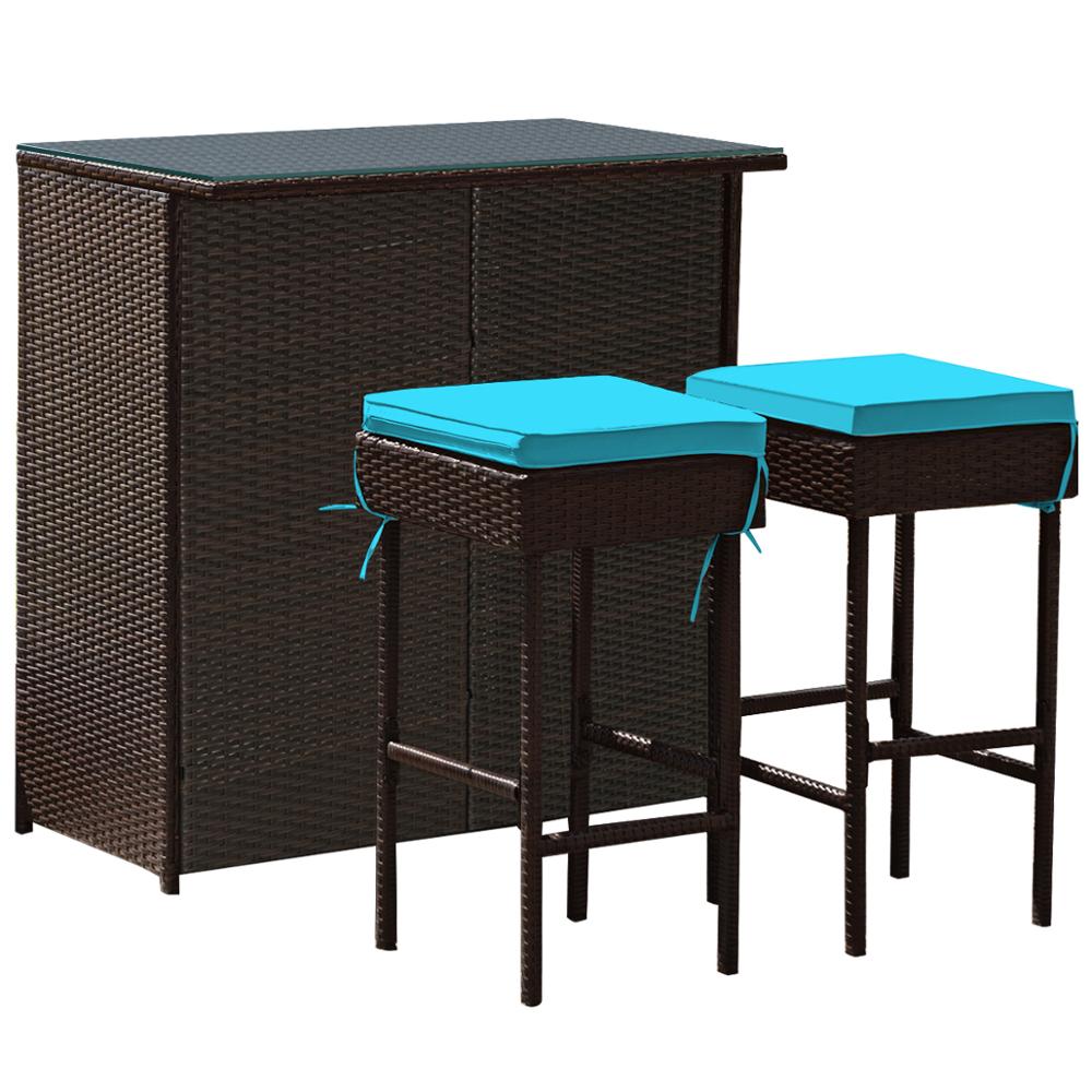 3PCS Patio Rattan Wicker Bar Table Stools Dining Set Cushioned Chairs Garden HW62380