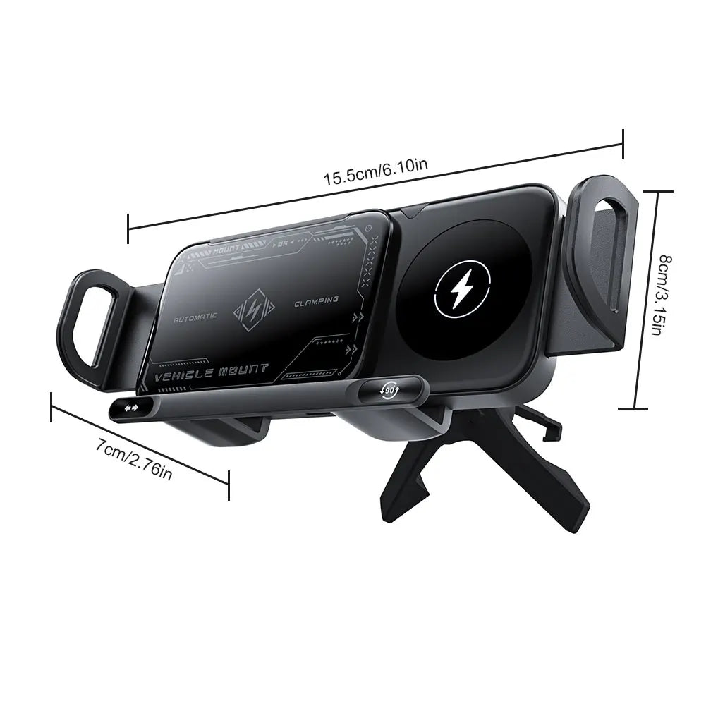 15W Car Wireless Charger Dual Coil Fold Screen Phone Holder Touch Rotation Phone Mount for Smartphone/Pad/Foldable Phone/Tablet