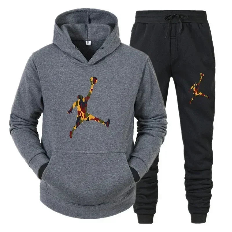 2025 New men's fashion casual sportswear, outdoor fitness jogging set, autumn and winter pullover hoodie + warm pants two-piece