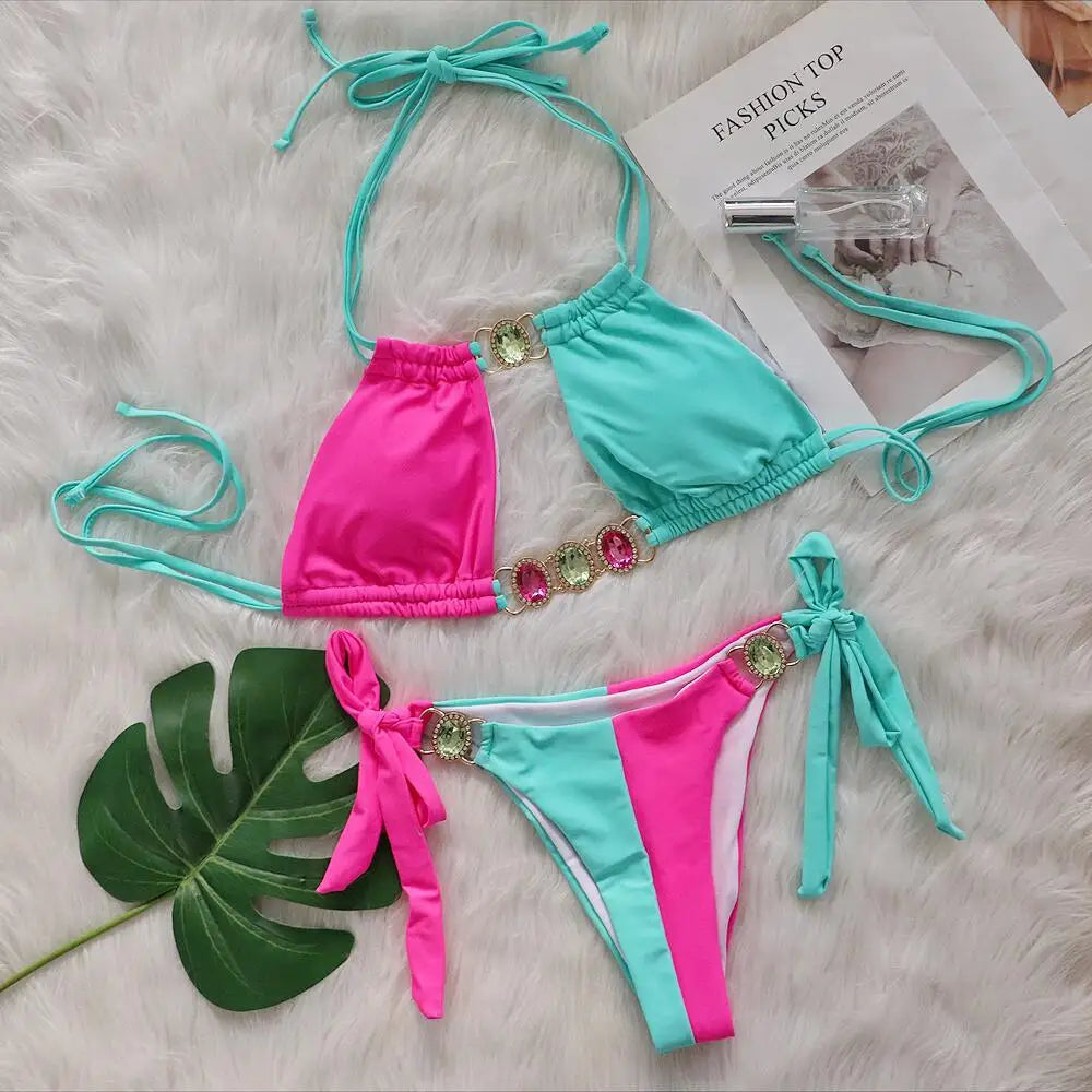 Rhinestones Splicing Bikini