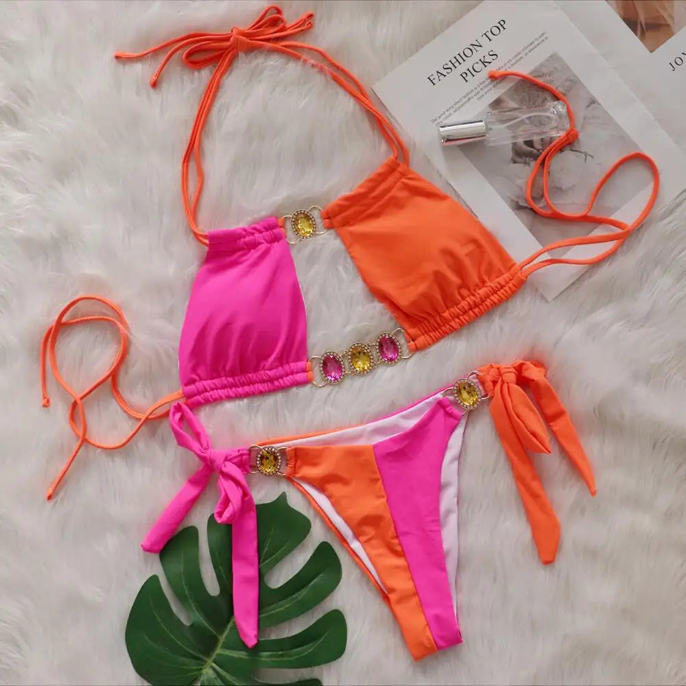 Rhinestones Splicing Bikini