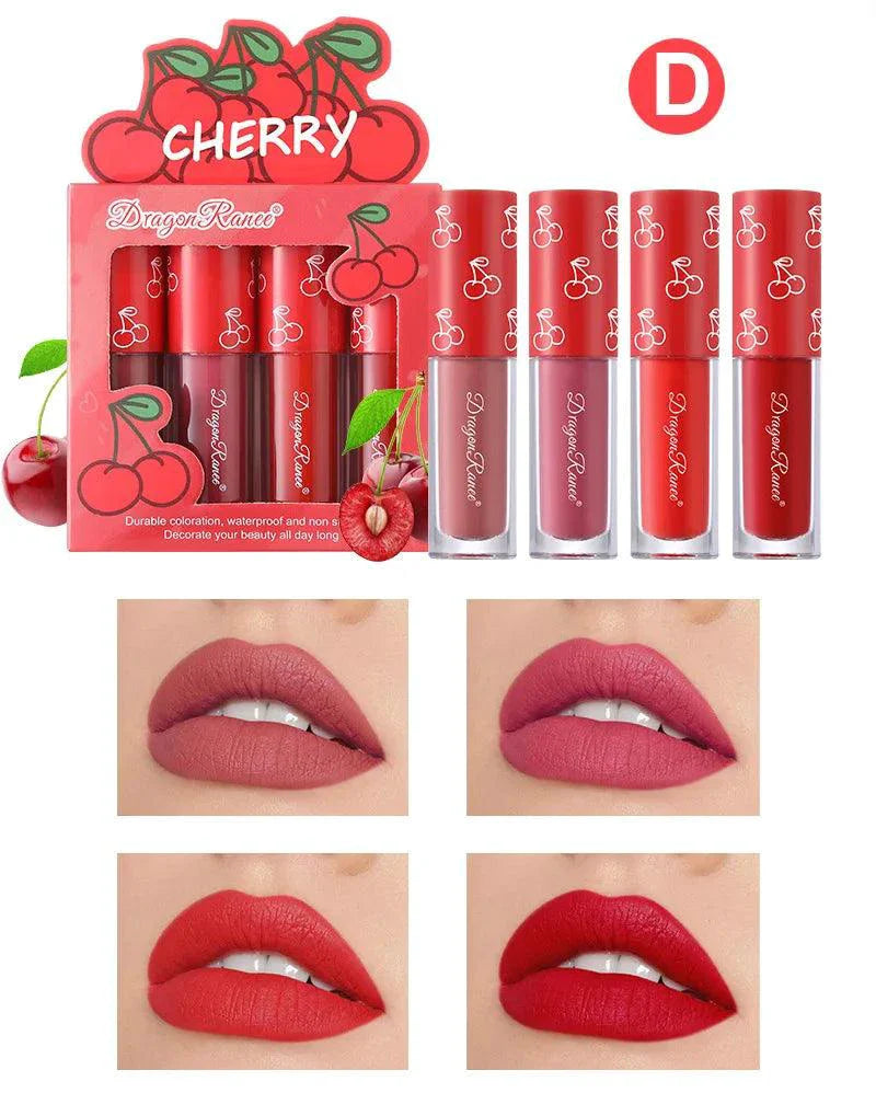Mini Velvet Matte Lip Gloss Set 4 Piece Long Lasting Non Fading Non Stick Cup Fruit Scented Lip Tint Smooth Lightweight