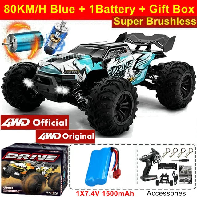 4WD RC Off-Road Car - 1:16 High-Speed Brushless Truck, 50-80KM/H, 4x4 Drift Racing Toy for Kids & Adults
