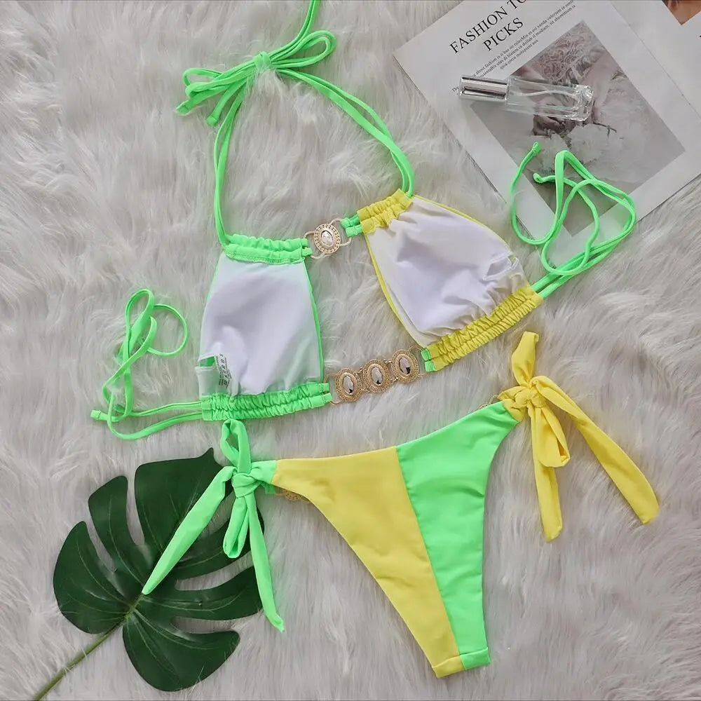 Rhinestones Splicing Bikini
