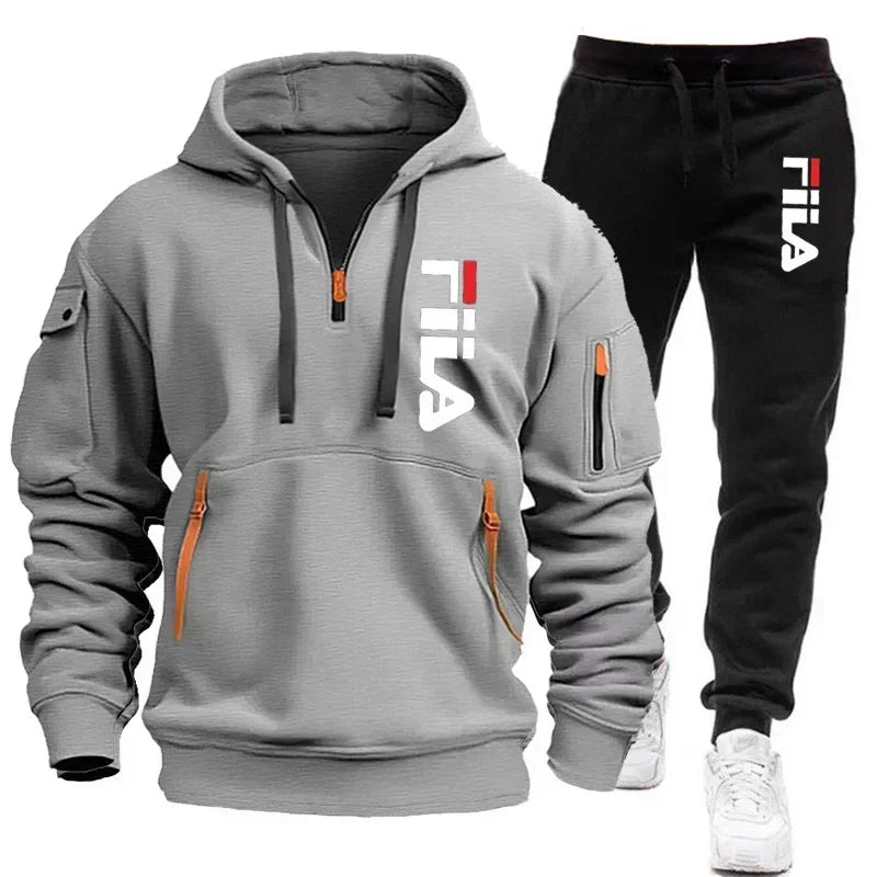 2026 Autumn and winter new men's multi pocket zipper hooded sports shirt+pants two-piece set, men's casual pullover sports set