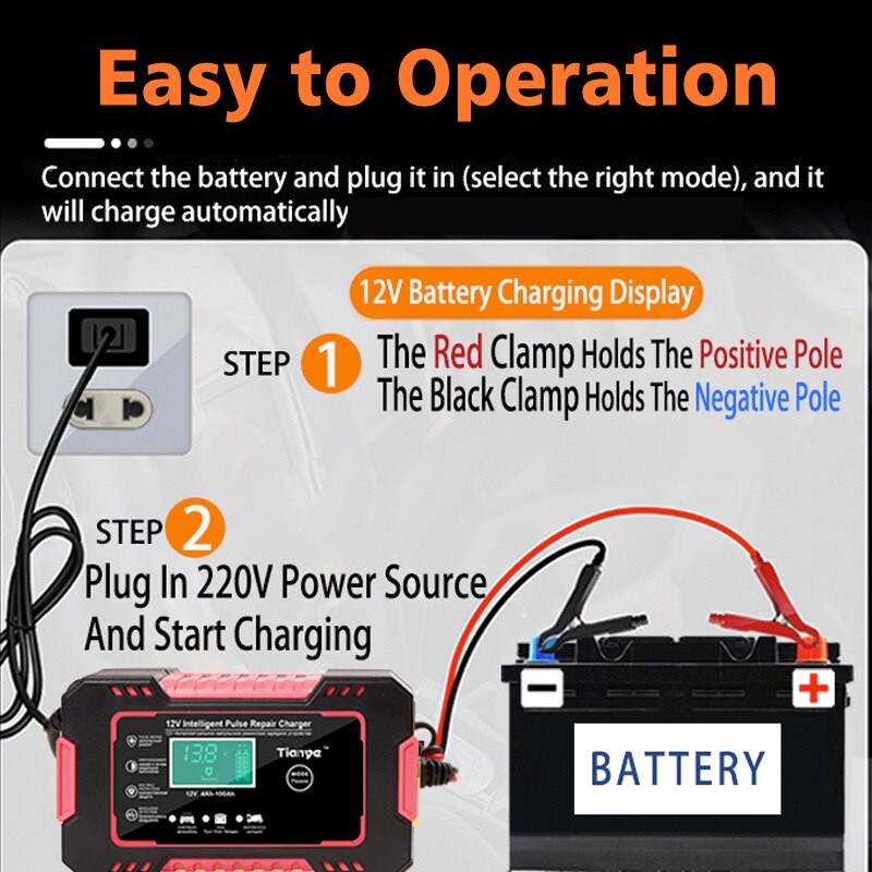 Smart 12V Battery Charger: Full Automatic Digital Display, Power Pulse Repair, Wet/Dry Lead Acid
