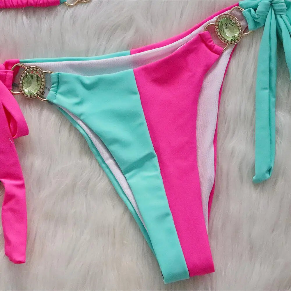 Rhinestones Splicing Bikini