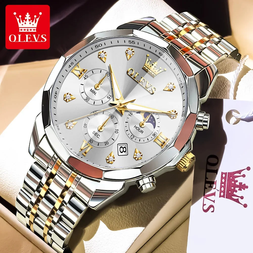 6OLEVS 370 Men's Watches Fashion Waterproof Calendar Luminous Moon Phase Quartz Watch Man Chronograph Clock