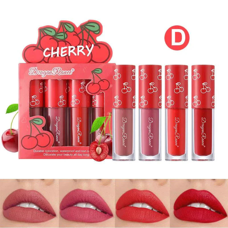 Mini Velvet Matte Lip Gloss Set 4 Piece Long Lasting Non Fading Non Stick Cup Fruit Scented Lip Tint Smooth Lightweight