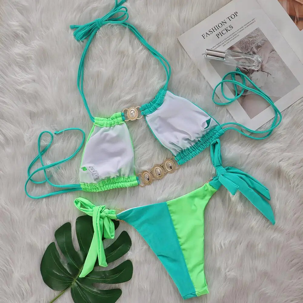 Rhinestones Splicing Bikini