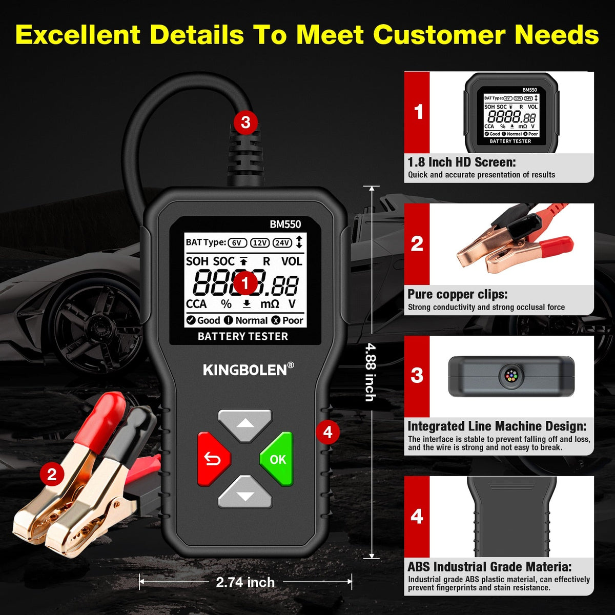 KINGBOLEN BM550 Car Battery Tester 6V 12V 24V 100-2000 CCA Battery System Detect Auto Battery Analyzer Car Battery Tool PK KW208
