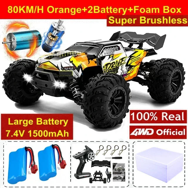 4WD RC Off-Road Car - 1:16 High-Speed Brushless Truck, 50-80KM/H, 4x4 Drift Racing Toy for Kids & Adults