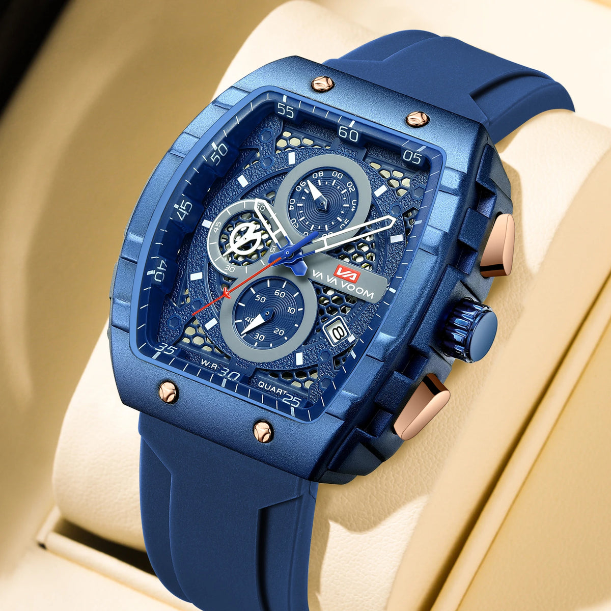 2025 New Men's Watch Multi functional Quartz Movement Rectangular Blue Dial Sports Clock Casual Fashion Silicone Strap Men Watch